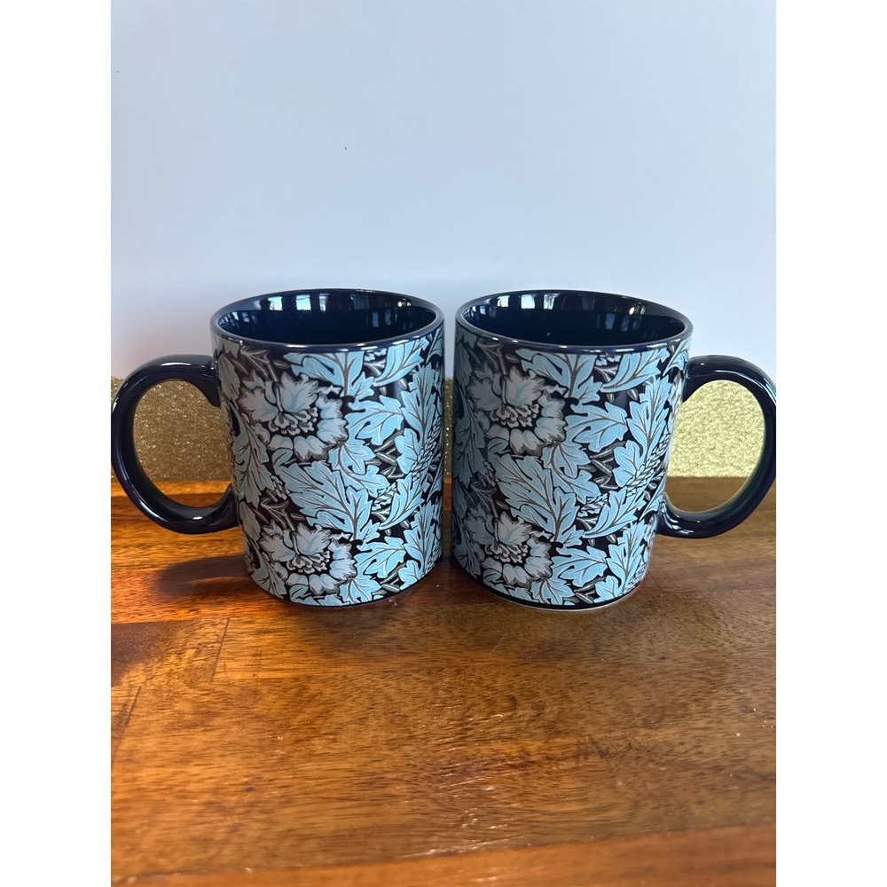 Biltmore Porcelain Coffee Mugs Navy Blue Botanical Floral Set of 2 12oz